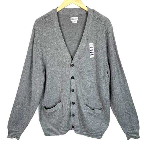 HAGGAR Men's XL Button Up Gray Cardigan Two Pockets Cotton Blend NWT - Picture 1 of 9